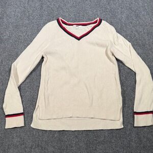 UNIQLO Cotton Cashmere blend V-Neck Sweater Long Sleeve‎ Cream Ribbed Trim
